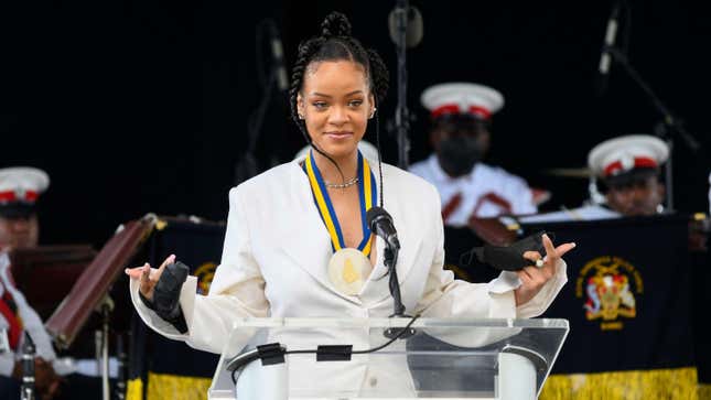 Rihanna speaks after becoming Barbados 11th National Hero during the National Honors ceremony and Independence Day Parade in Bridgetown, Barbados, on November 30, 2021.