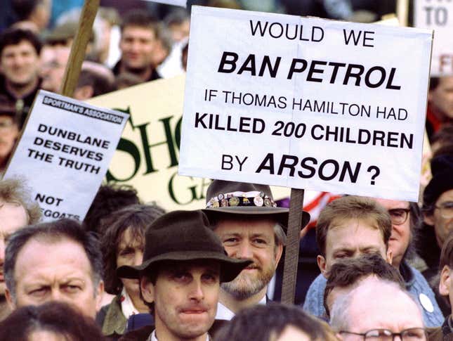 A demonstrator in London’s Trafalgar Square takes part in a protest against proposed gun control laws in February 1997.
