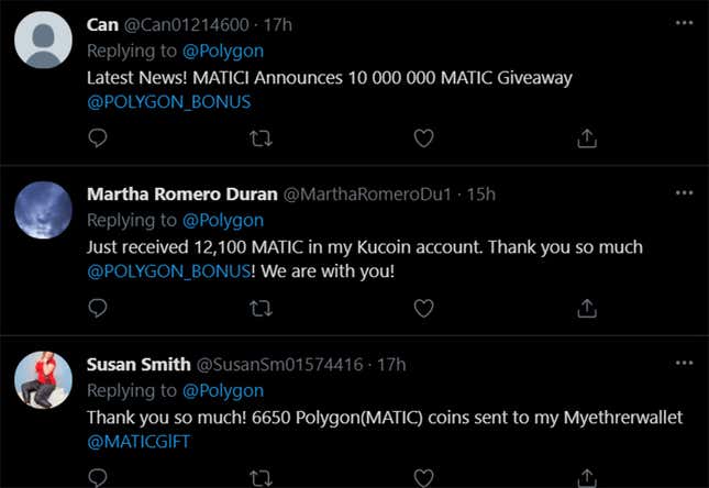 A screenshot of the Twitter spam that's been plaguing Polygon.