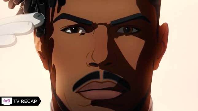 A closeup on the animated face of What If's Erik Killmonger saluting.