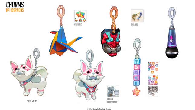 Concept art for Overwatch 2 charms players can display on their weapons.