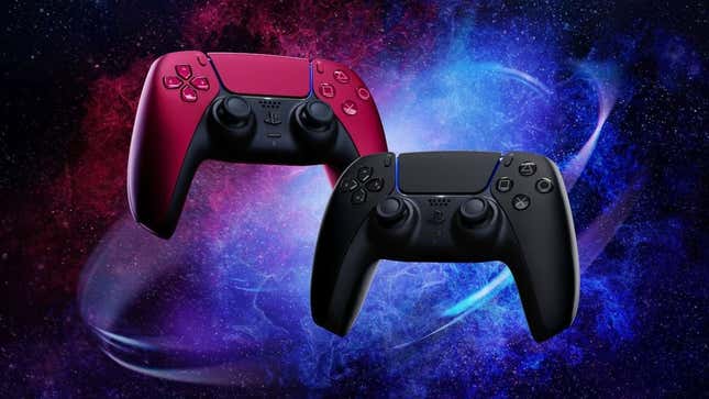 DualSense PS5 controllers sit in front of a the background of the universe.