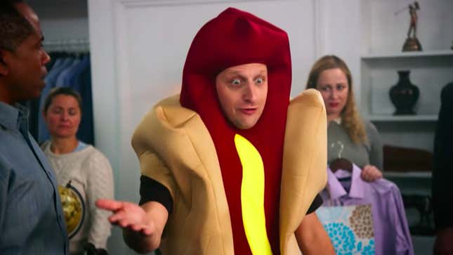 Screenshot of comedian Tim Robinson in hot dog costume