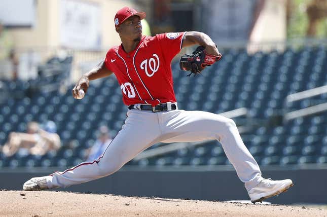 Mar 26, 2023; Jupiter, Florida, USA;  Washington Nationals starting pitcher Josiah Gray (40) pitches against the Miami Marlins during the first inning at Roger Dean Stadium.