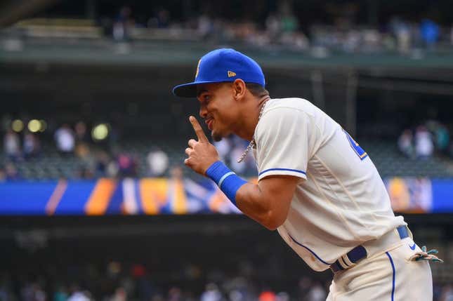May 7, 2023; Seattle, Washington, USA; Seattle Mariners center fielder Julio Rodriguez (44) reacts to defeating the Houston Astros at T-Mobile Park.