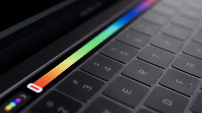 A closeup of a MacBook Touch Bar displaying a color slider