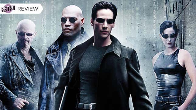 Cypher, Morpheus, Neo, and Trinity pose together on the poster for The Matrix.