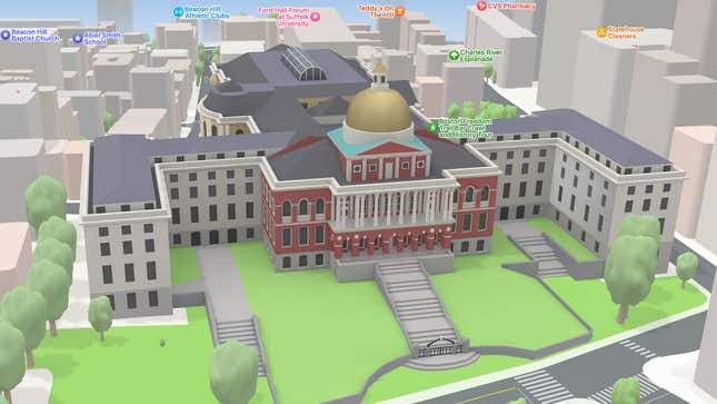 The Massachusetts State House at Beacon Hill in Boston as rendered by Apple Maps.