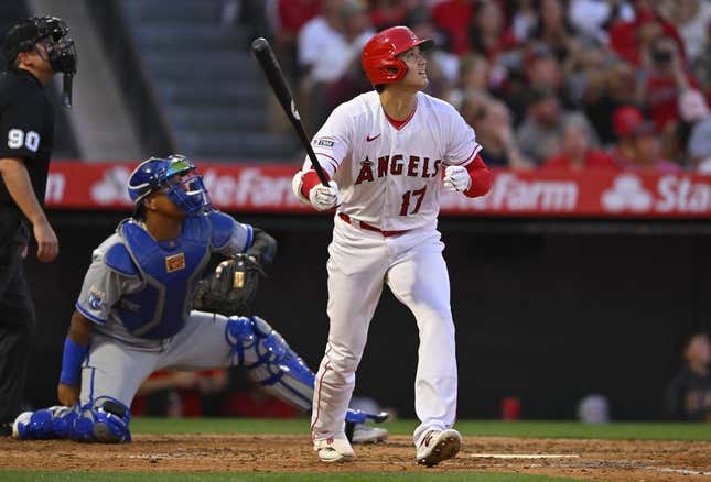 Apr 22, 2023; Anaheim, California, USA;  Los Angeles Angels designated hitter Shohei Ohtani (17) hits a long fly ball for an out in the sixth inning against the Kansas City Royals at Angel Stadium.