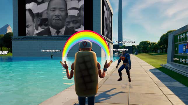 A hotdog man in Fortnite using an emote in front of a TV showing MLK. 