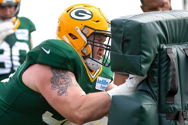 Green Bay Packers defensive tackle Tyler Lancaster (95) attends training camp at Ray Nitschke Field, Thursday, Aug. 5, 2021, in Green Bay, Wis.
