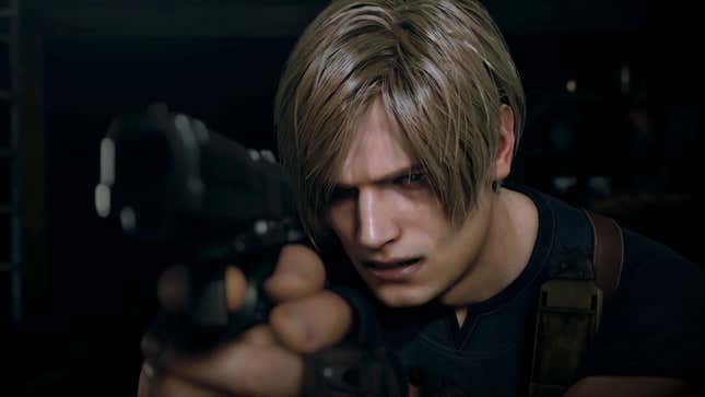 Leon points his handgun at the camera in a screenshot from Resident Evil 4's remake.