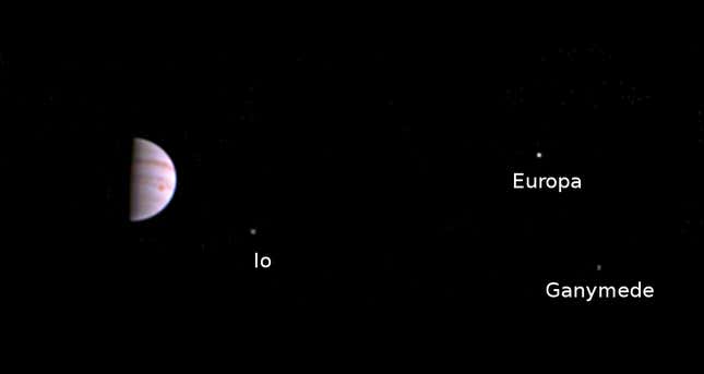 Jupiter and some of its closest moons.