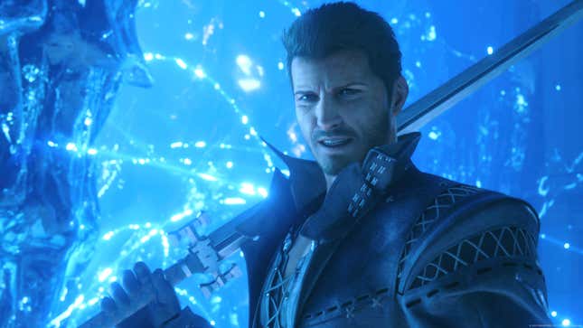 Cid is shown being devilishly sexy and with his sword on his shoulder in front of a glowing blue crystal.