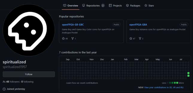 The github profile page of Spiritualized1997 shows the account is only a day old, and only has two repositories.