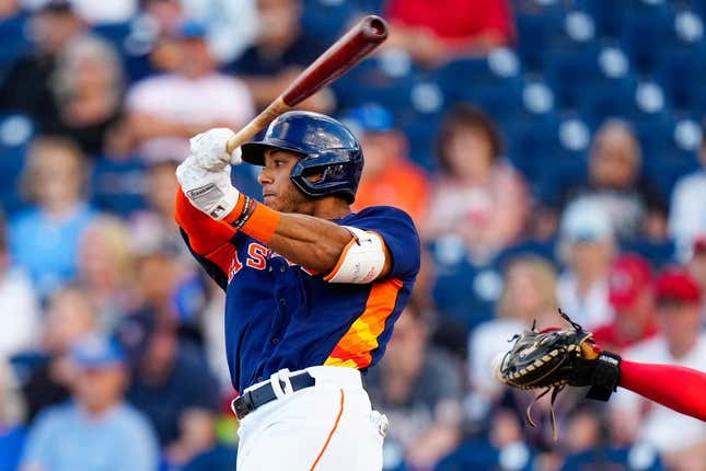 Mar 23, 2023; West Palm Beach, Florida, USA; Houston Astros shortstop Jeremy Pena (3) at the plate against the Washington Nationals during the third inning at The Ballpark of the Palm Beaches.