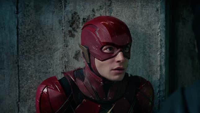 Ezra Miller in costume as DC Comics hero the Flash.