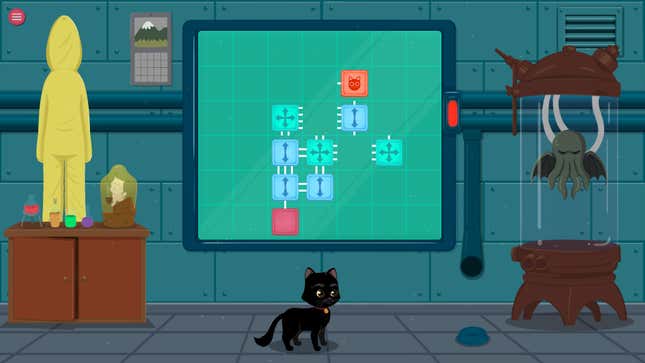 A screenshot shows ones of the puzzles in Meow Lab and, of course, a cat.