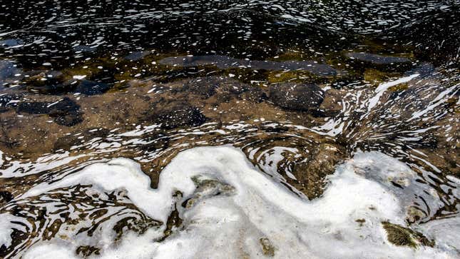 PFAS foam gathers at the Van Etten Creek dam in Oscoda Township, Michigan, near the Wurtsmith Air Force Base on June 7, 2018.