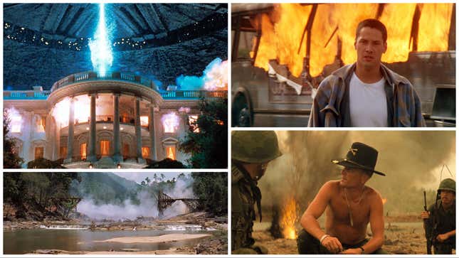 Im Uhrzeigersinn von oben links: Independence Day (20th Century Studios), Speed ​​(20th Century Studios), Apocalypse Now (United Artists), The Bridge on the River Kwai (Columbia Pictures)