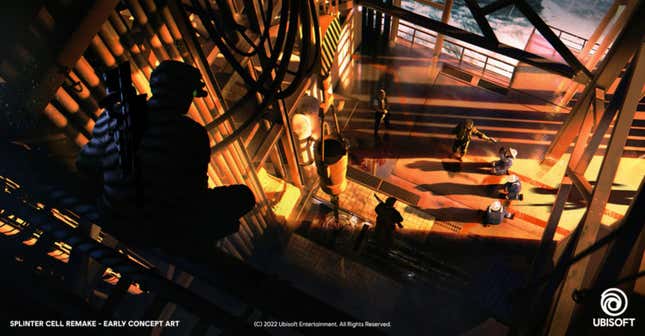 Some early Splinter Cell remake concept art of Sam Fisher on a building's raftings.