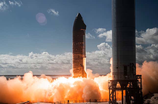 Test-fire of six Raptor engines on the Starship SN20 rocket prototype, November 12, 2021.