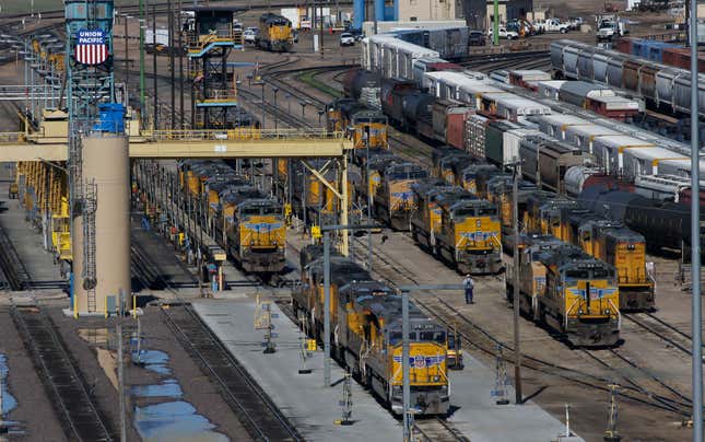 FILE - Locomotives are stacked up with freight cars in the Union Pacific Railroad&#39;s Bailey Yard, April 21, 2016, in North Platte, Neb. Federal inspectors found an alarming number of defects in the locomotives and railcars Union Pacific was using at the world&#39;s largest rail yard in North Platte this summer and the railroad was reluctant to fix the problems. Federal Railroad Administrator Amit Bose wrote a letter to UP&#39;s top three executives Friday, Sept. 8, 2023, expressing his concern that the defects represent a “significant risk to rail safety on the Union Pacific&#39; railroad.” (AP Photo/David Zalubowski, File)