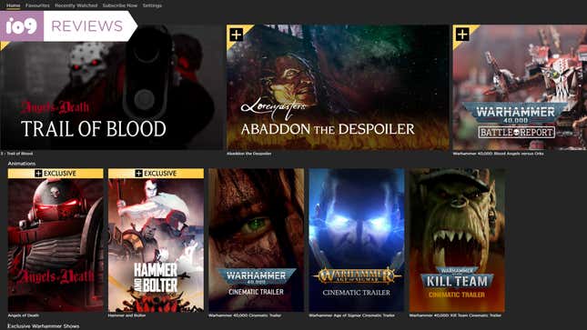 The front page of Games Workshop's Warhammer TV app, featuring content like the animated series Angels of Death and Hammer and Bolter, Loremaster, cinematic trailers, and more.