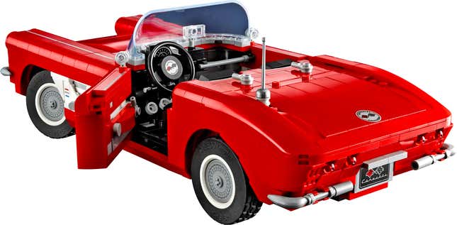 A rear shot of the Lego Icons 1961 Corvette model with its drivers side door open.