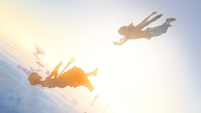 Link is shown reaching for Zelda as they both fall from the sky.