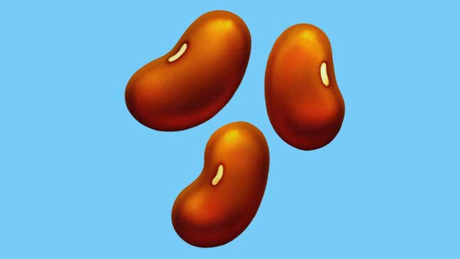 The new bean emoji -- three cartoon kidney beans -- on a light blue background