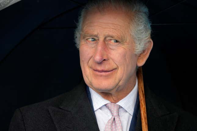 A photo of King Charles III under an umbrella, looking amused but a little concerned.
