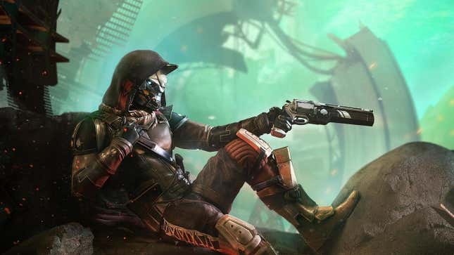 Destiny 2's Cayde-6 sits on a pile of wreckage holding his Ace of Spades hand cannon. 