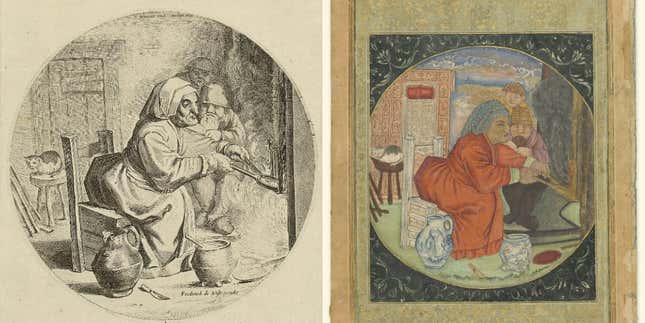 Left: Peasant Woman Baking Pancakes, 1634-1676. Theodore Matham. Right: The Pancake Maker, after print by Theodor Matham, about 1640 – 1680. Mughal artist unknown.