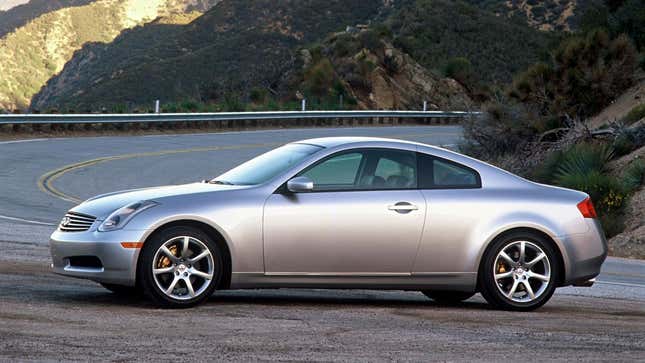 Infiniti press image of a silver G35 coupe, viewed from the side.