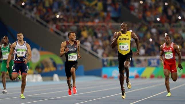 “Hey, Usain is this fast enough for you?” (AP Photo/David J. Phillip)