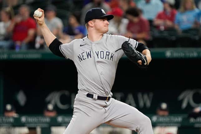 Apr 28, 2023; Arlington, Texas, USA; New York Yankees starting pitcher Clarke Schmidt (36) throws to the plate  against the Texas Rangers during the first inning at Globe Life Field.