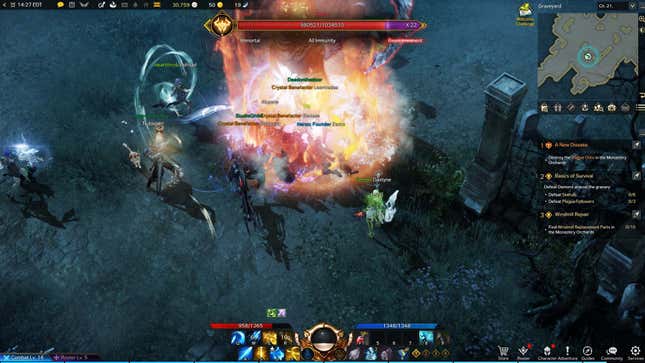Top down screenshot of a huge battle in Lost Ark as a boss gets attacked from all angles.