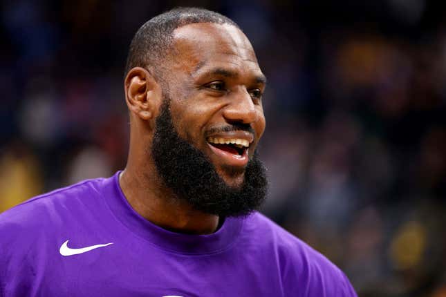 DENVER, CO - OCTOBER 26: LeBron James #6 of the Los Angeles Lakers reacts to seeing Jeff Green #32 of the Denver Nuggets at Ball Arena on October 26, 2022, in Denver, Colorado