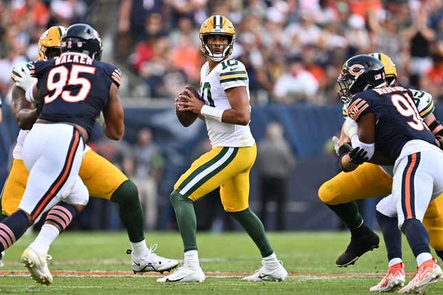 Sep 10, 2023; Chicago, Illinois, USA;  Green Bay Packers quarterback Jordan Love (10) against the Chicago Bears at Soldier Field.