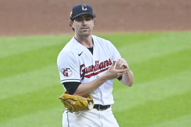 Jul 4, 2023; Cleveland, Ohio, USA; Cleveland Guardians starting pitcher Shane Bieber (57) reacts after giving up a home run in the fifth inning against the Atlanta Braves at Progressive Field.