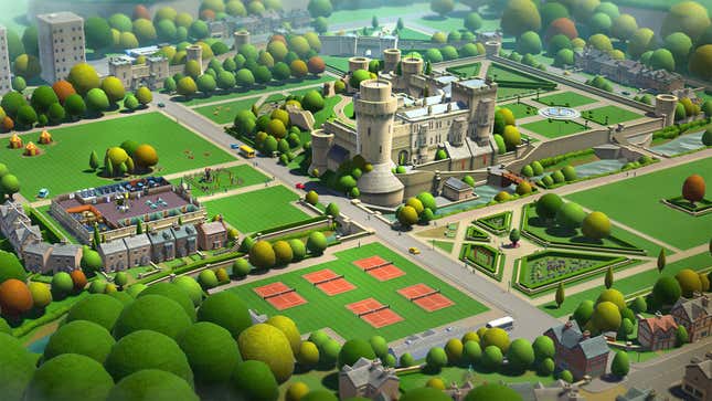 A castle-like college campus in the game Two Point Campus.
