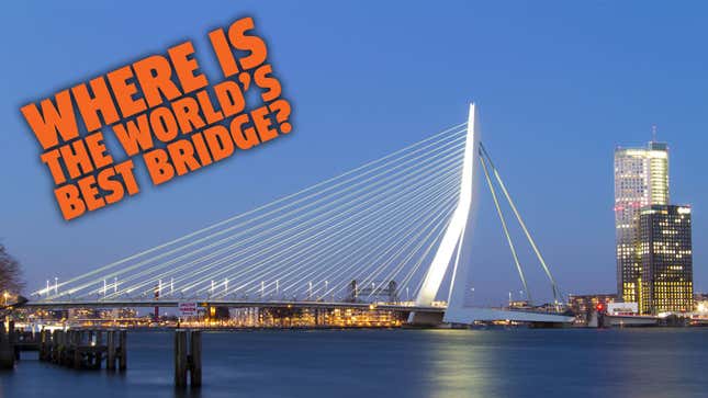 A photo of the Erasmus Bridge in Rotterdam with the caption "Where is the world's best bridge?" 