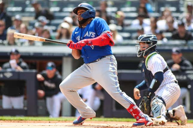 Apr 22, 2023; Bronx, New York, USA; Toronto Blue Jays first baseman Vladimir Guerrero Jr. (27) at Yankee Stadium.