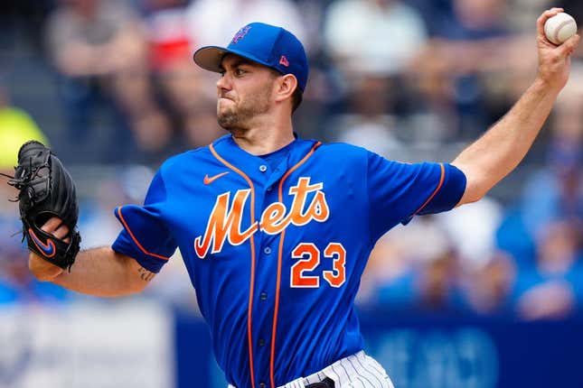 Mar 14, 2023; Port St. Lucie, Florida, USA; New York Mets starting pitcher David Peterson (23) throws a pitch against the Washington Nationals during the first inning at Clover Park.