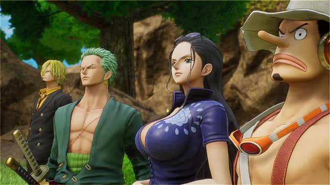 Sanji, Zoro, Robin, and Usopp look off in the same direction while standing side by side on Waford Island. 