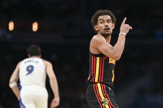 Mar 10, 2023; Washington, District of Columbia, USA;  Atlanta Hawks guard Trae Young (11) reacts after making a three point shot during the first half against the Washington Wizards at Capital One Arena.