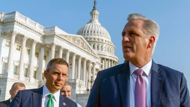 Rep. Kelly Armstrong, a member of the House Subcommittee on Consumer Protection, accompanies House Minority Leader Kevin McCarthy outside for a press conference on Capitol Hill in Washington, Tuesday, July 27, 2021.