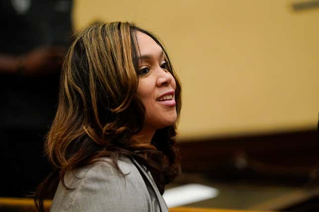Maryland State Attorney Marilyn Mosby arrives prior to Mayor Brandon Scott’s State of the City address, Tuesday, April 5, 2022, in Baltimore. The trial for Baltimore’s top prosecutor has been postponed until September. She is on trial on charges that she made false statements on financial documents to withdraw money from her retirement savings and purchase two Florida vacation homes.