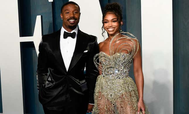 Michael B. Jordan and Lori Harvey attend the 2022 Vanity Fair Oscar Party following the 94th Oscars at the The Wallis Annenberg Center for the Performing Arts in Beverly Hills, California on March 27, 2022. (Photo by Patrick T. FALLON / AFP) (Photo by PATRICK T. FALLON/AFP via Getty Images)